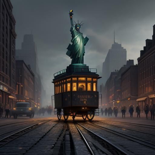 Statue of Liberty Rides Trolley on Cobblestone Streets