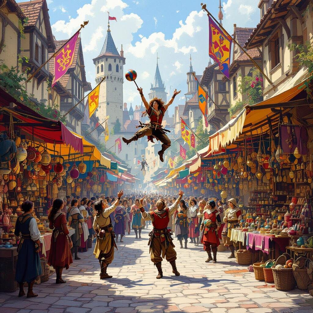 Lively Medieval Marketplace Scene with Acrobats
