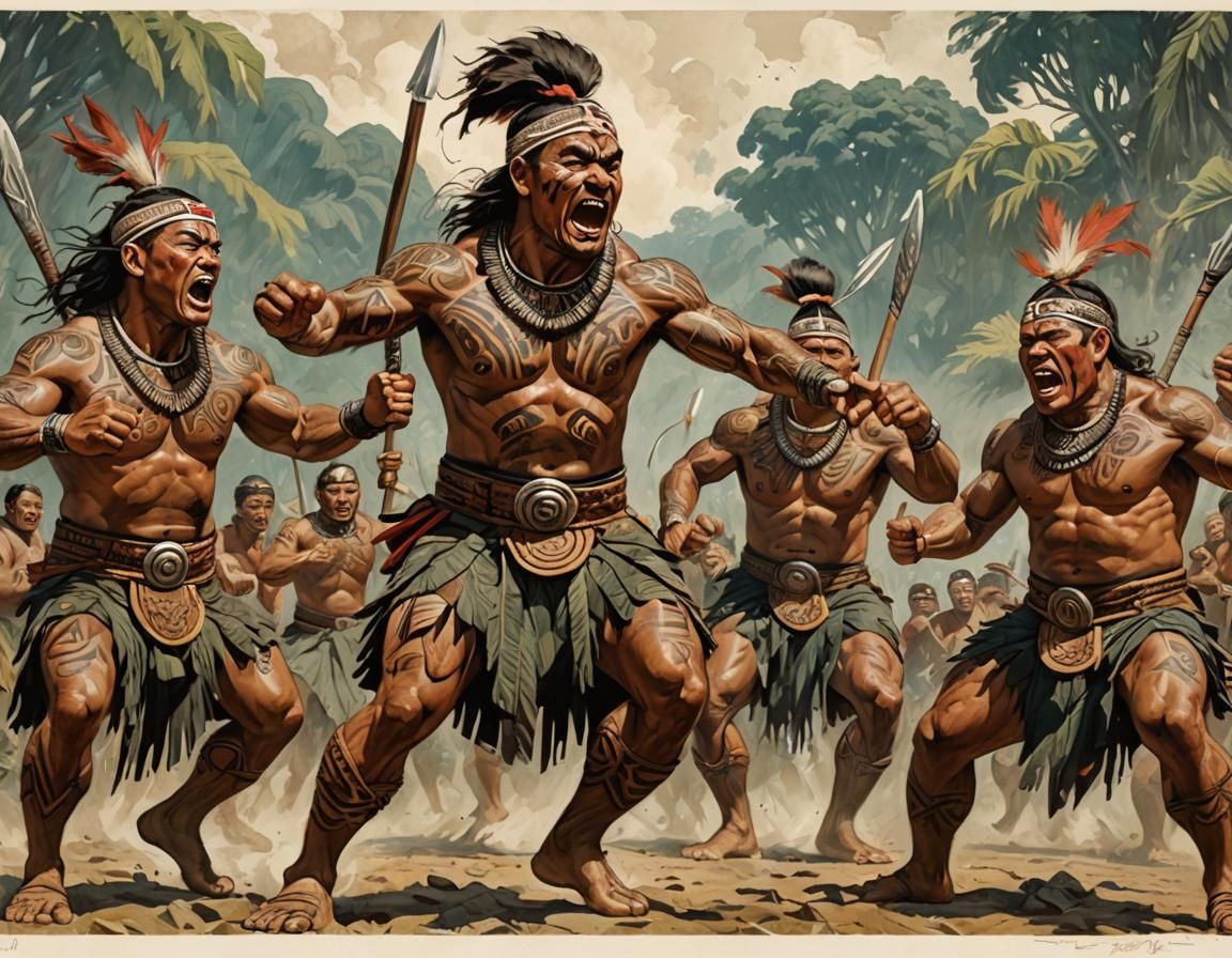 Maori Warrior Haka in Vintage Pin-Up Style