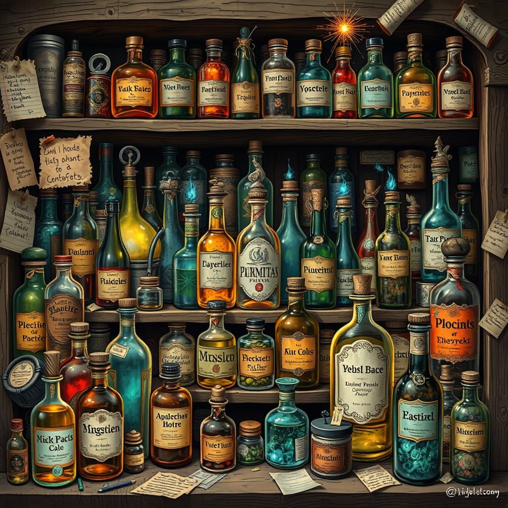 Potions with Funny Labels -“The Cabinet of Questionable Potions”...