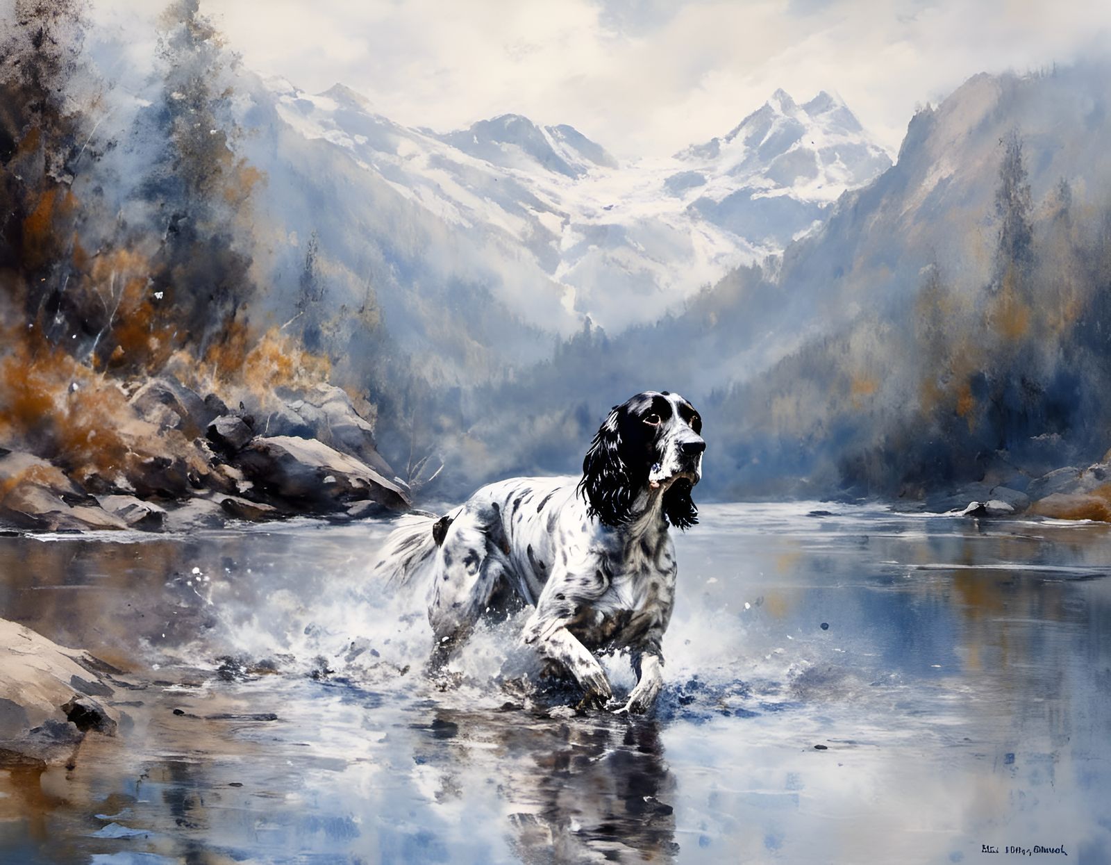 Spaniel Swimming in Lake: Impressionistic Watercolor