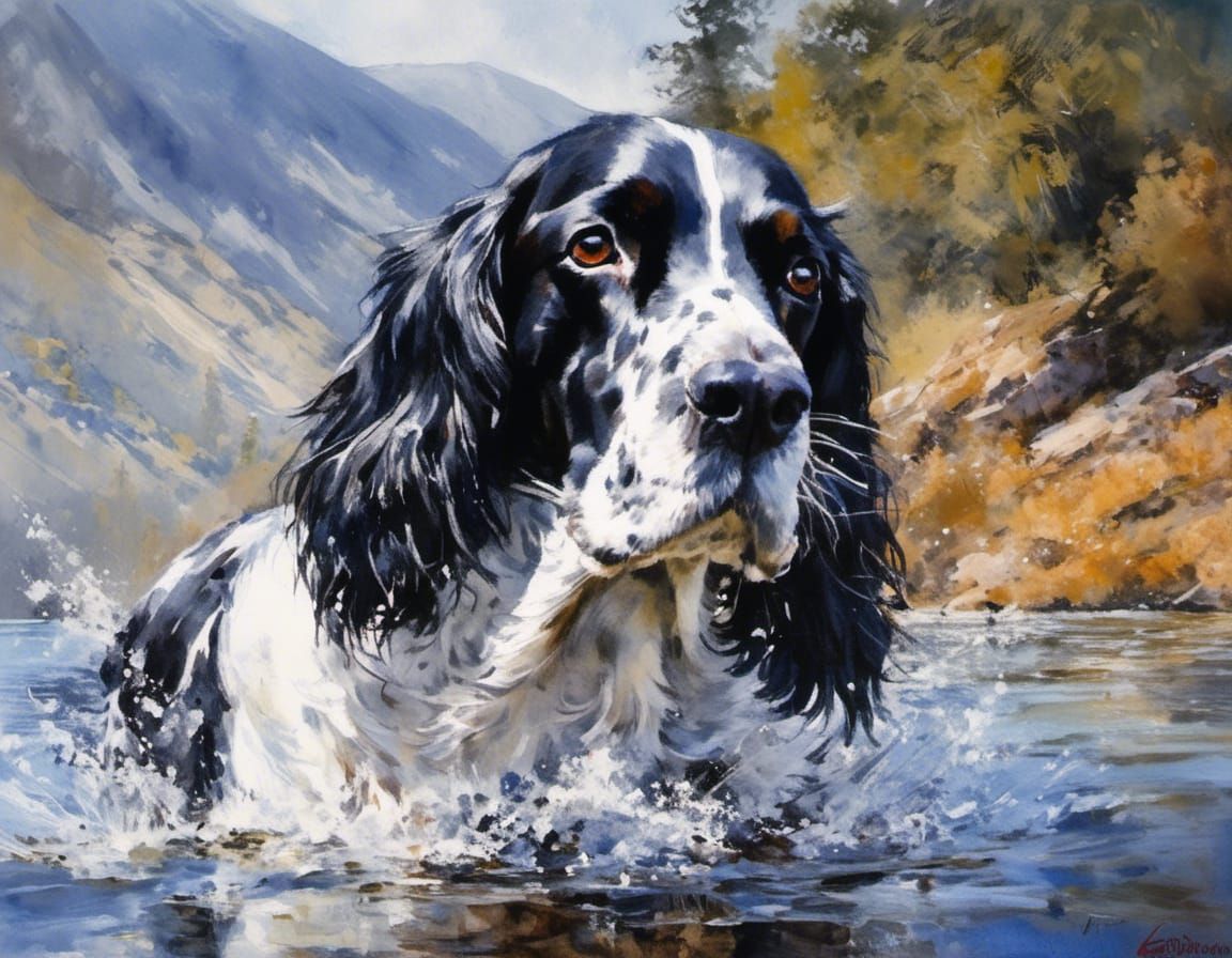 Springer Spaniel Swimming in Lake, Impressionistic Watercolo...