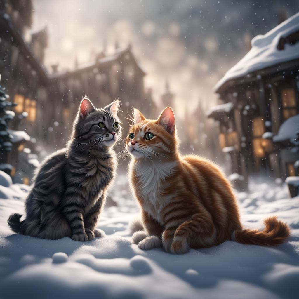 Cats Playing in Snow: Detailed Matte Painting