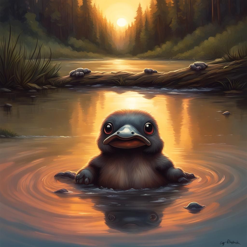 Cute Baby Platypus Splashing at Sunset
