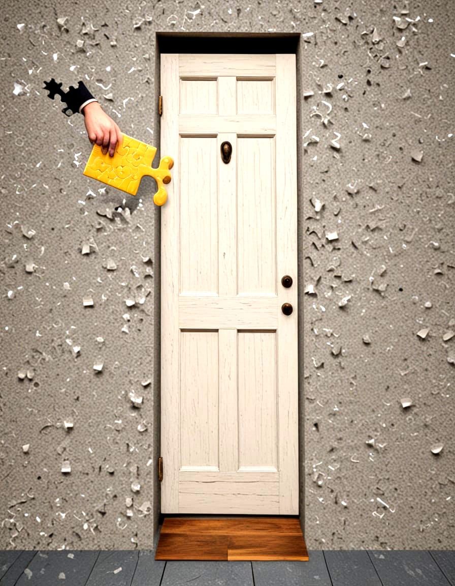 Puzzle Pieces Spill Out of a Mysterious Door
