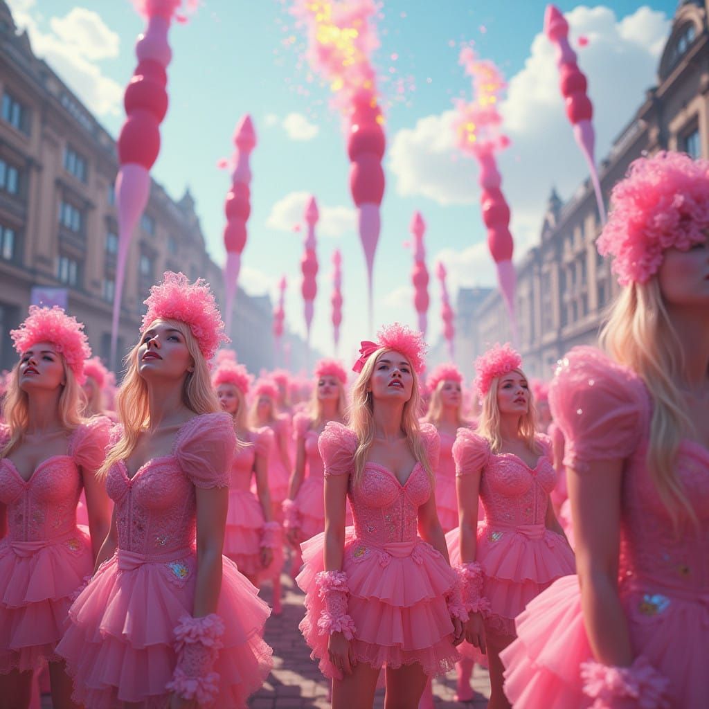 Pastel Figures Gaze Up at Falling Lipsticks in a Vibrant Squ...