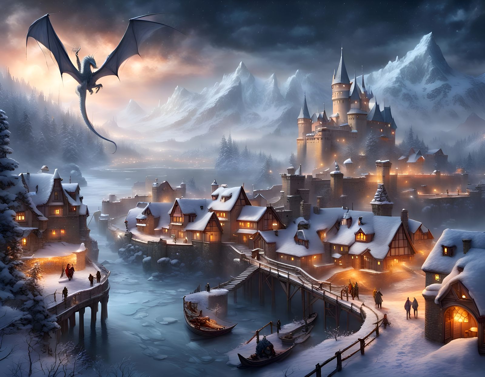 Fantasy Village with Dragon in Winter Storm