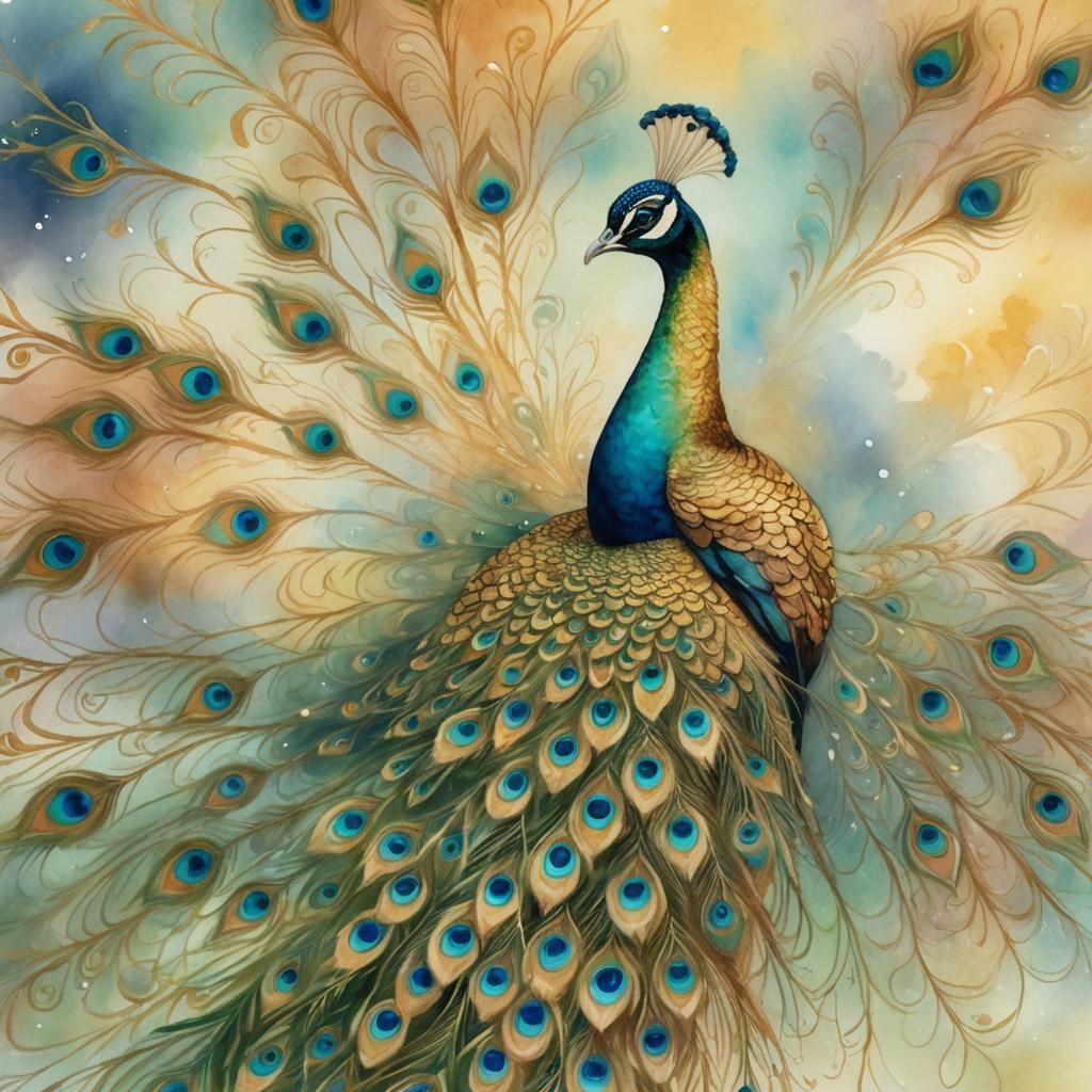 Majestic Golden Peacock in Dreamy Watercolor