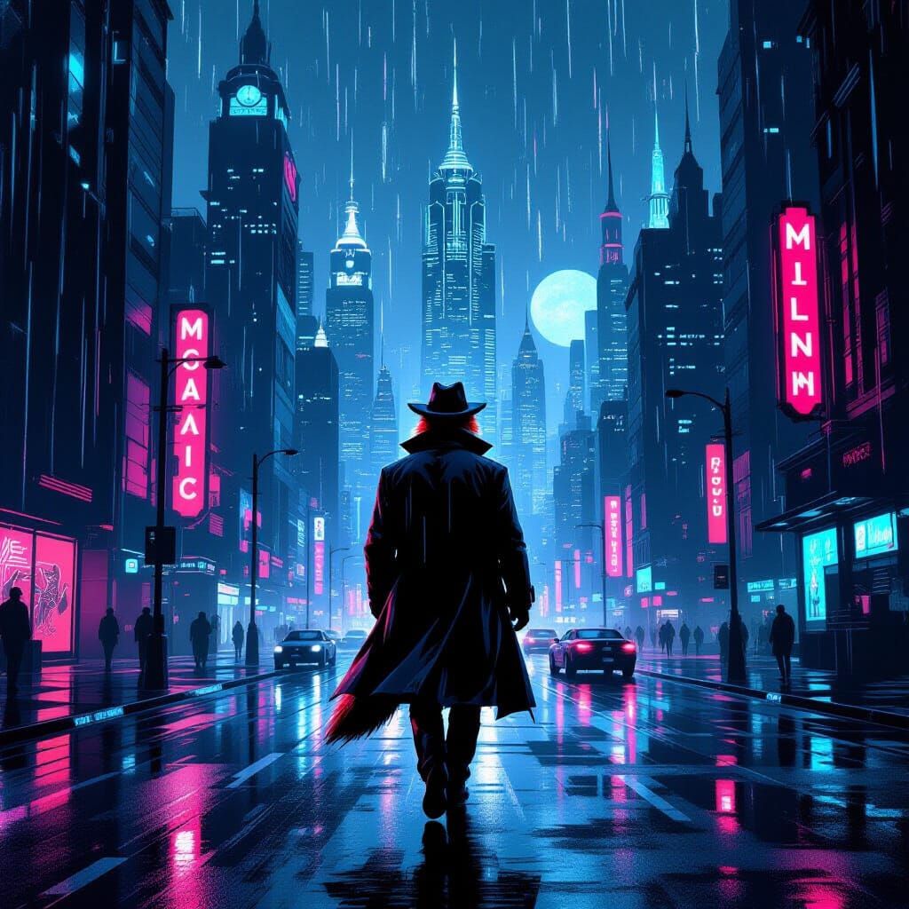 Fox Detective on Neon Mars Street in Noir Style