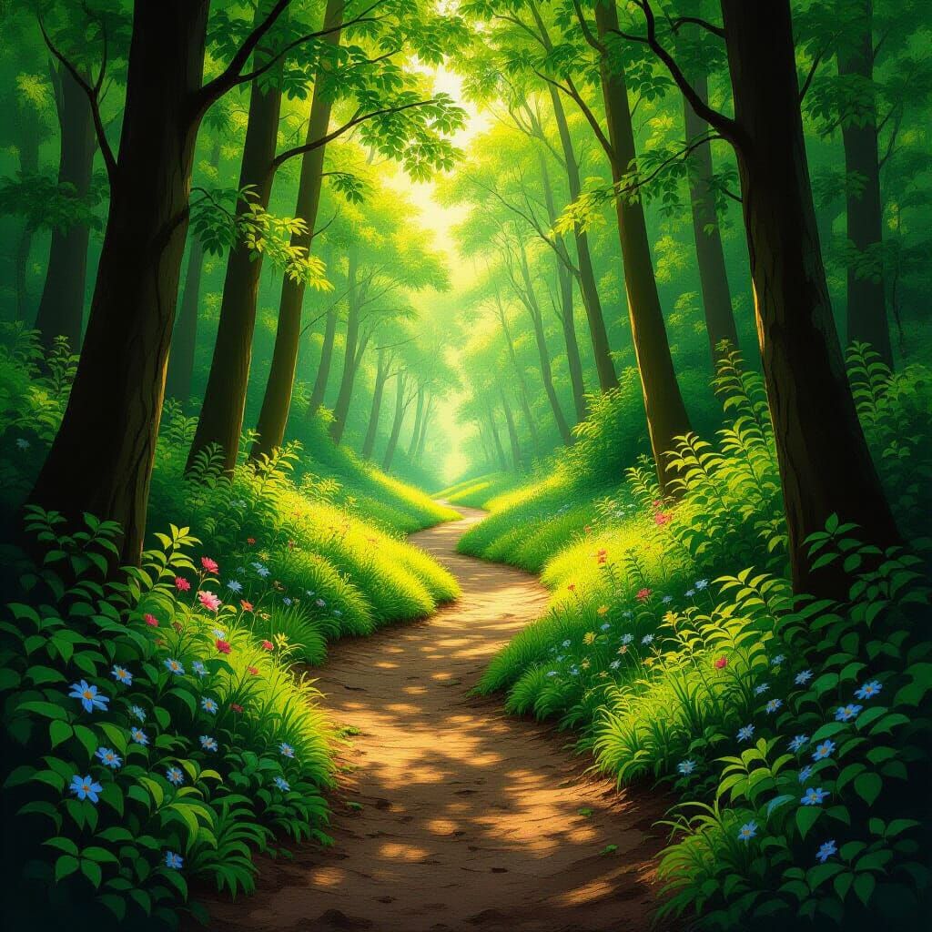 Winding Forest Path with Dappled Sunlight
