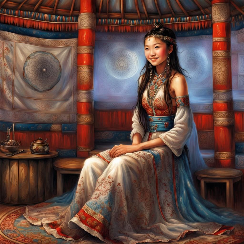 Mongolian young woman wearing an embroidered dress