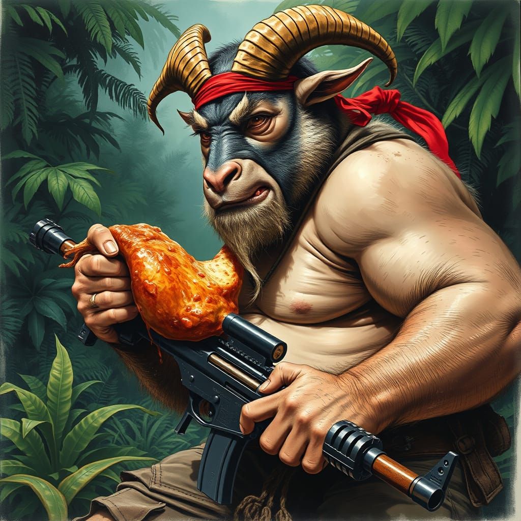 Rambo-esque Goat Mercenary in Jungle Combat
