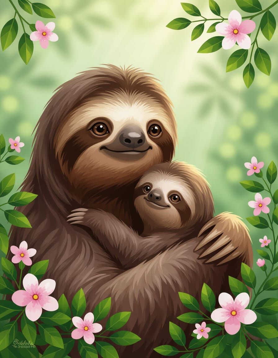 Mother and Baby Sloth in Lush Forest Digital Painting