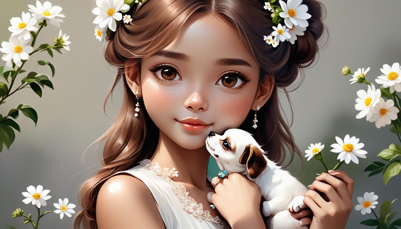 Beautiful Melanin Girl with Dog: Kawaii Digital Art