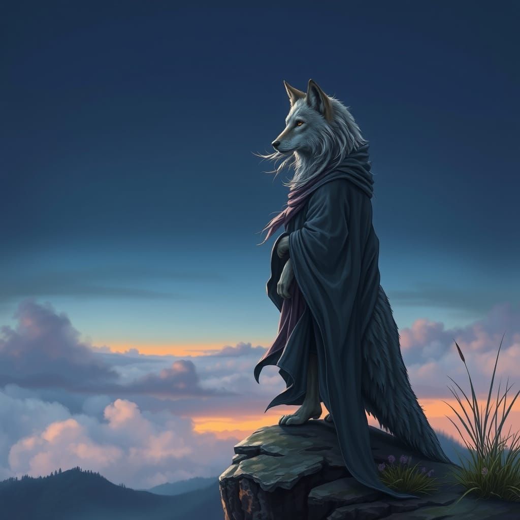 A wise, serene, anthropomorphic wolf, clad in flowing druid robes, stands on a windswept clifftop overlooking a misty va...