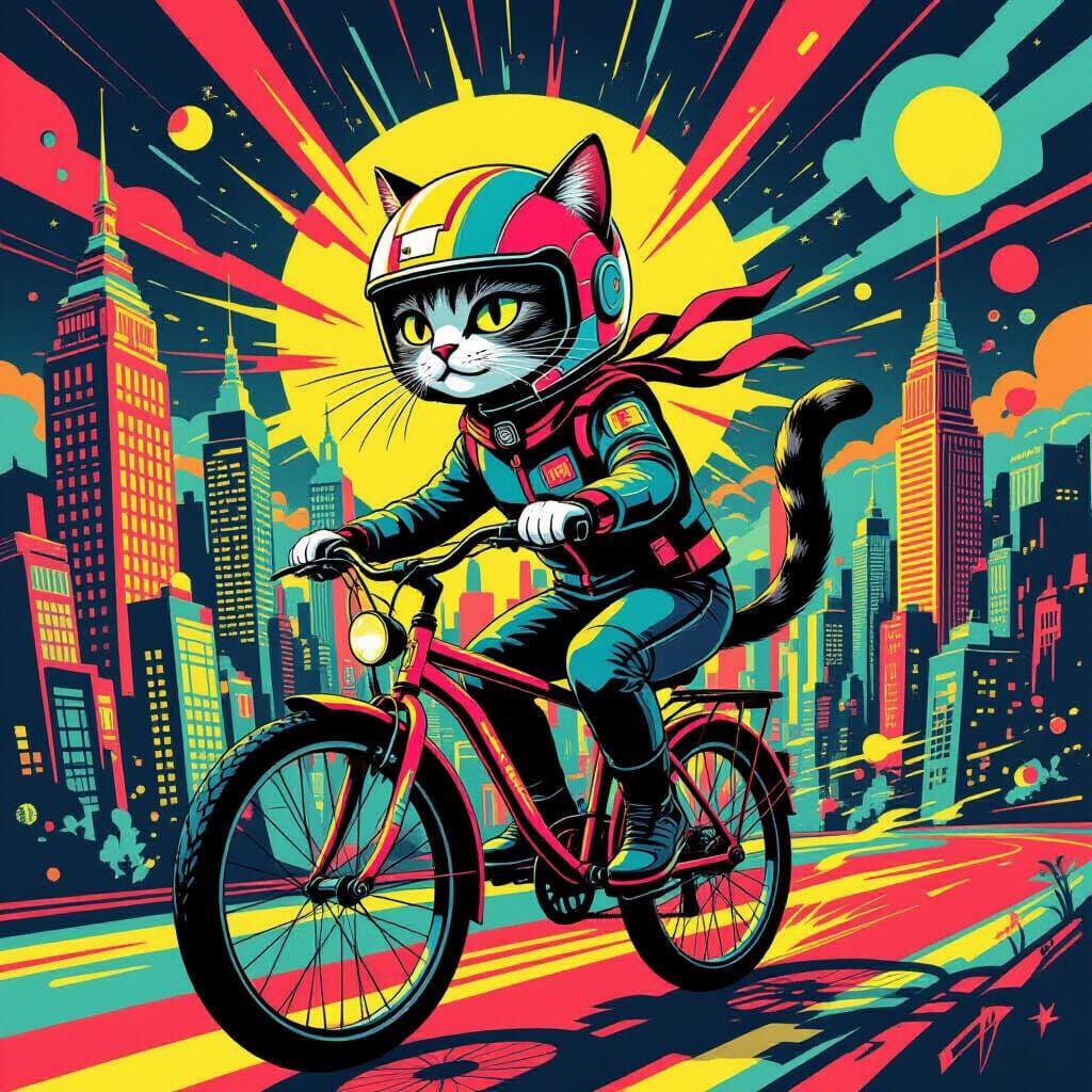 Whimsical Cat Rides Bicycle in Abstract Cityscape