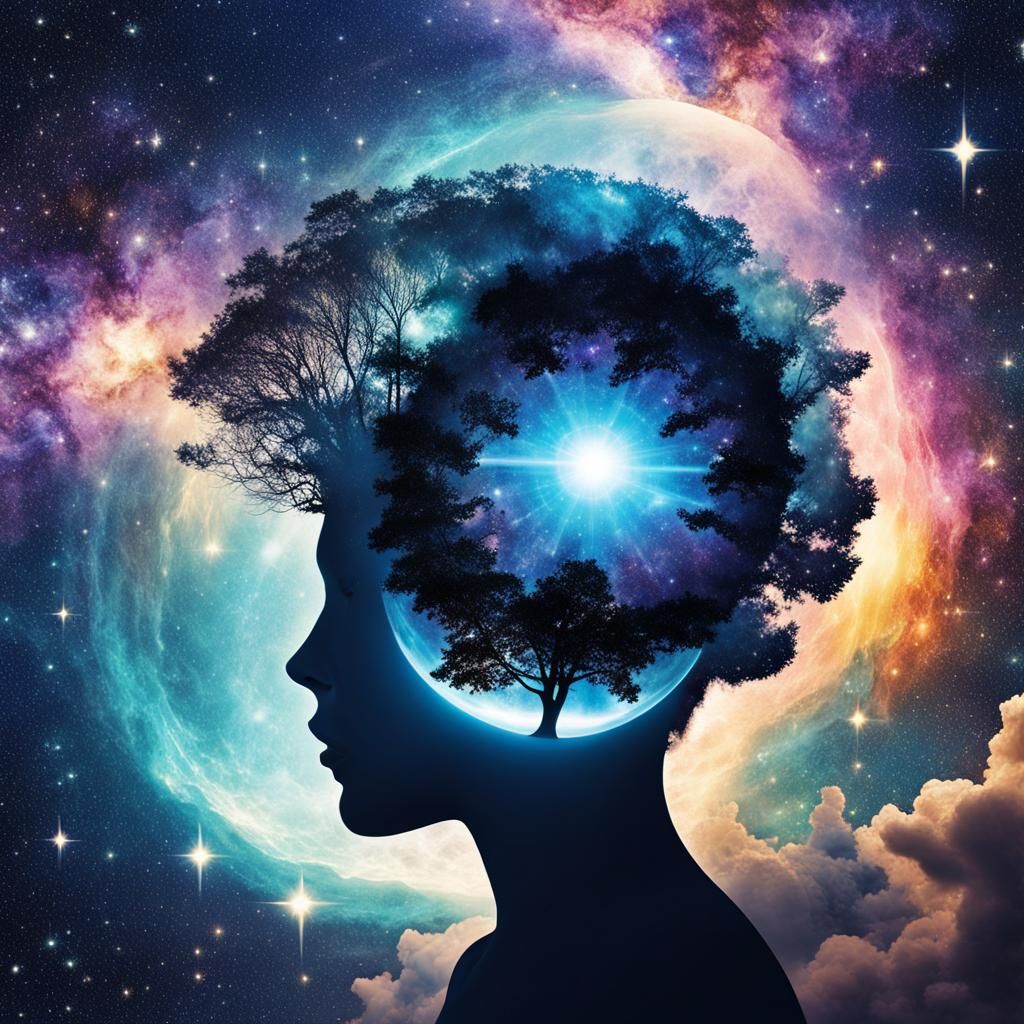 Cosmic Mind: Double Exposure Galaxy Art