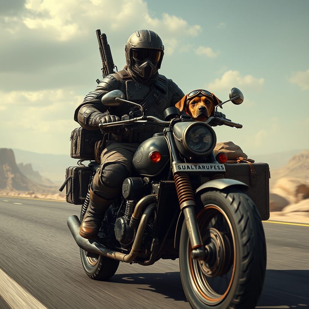 Post-Apocalyptic Rider and Dog on Armored Motorbike