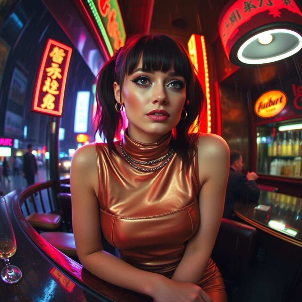 Woman in Dystopian Bar with Neon Lights
