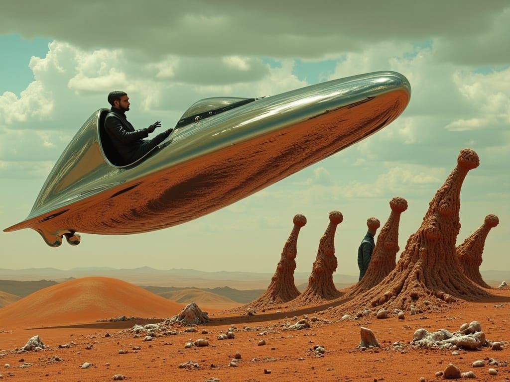 Surreal Barsoom Landscape with Futuristic Vehicle and Martia...