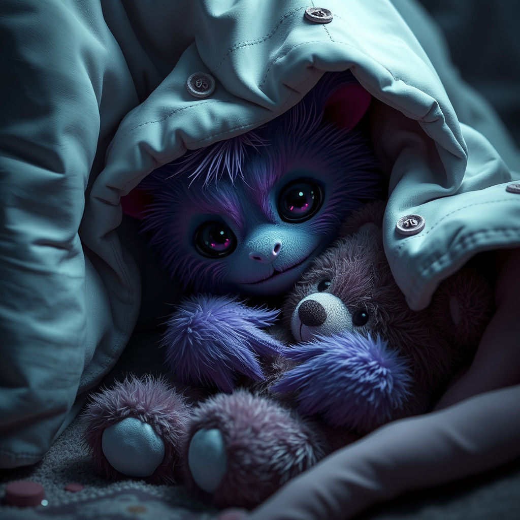Purple Monster Cuddling Teddy Bear, Detailed Digital Art