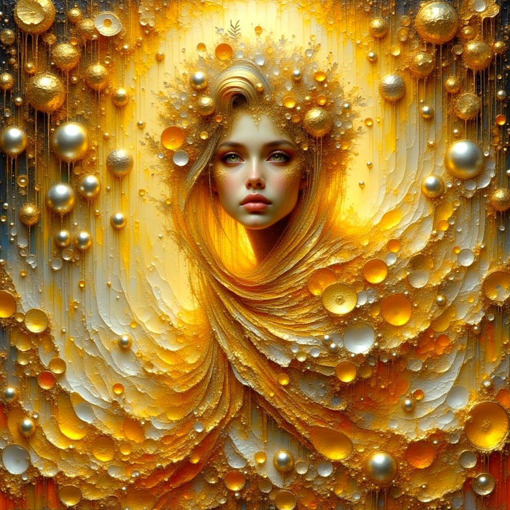 Golden Lady in Art Nouveau Impasto Oil Painting