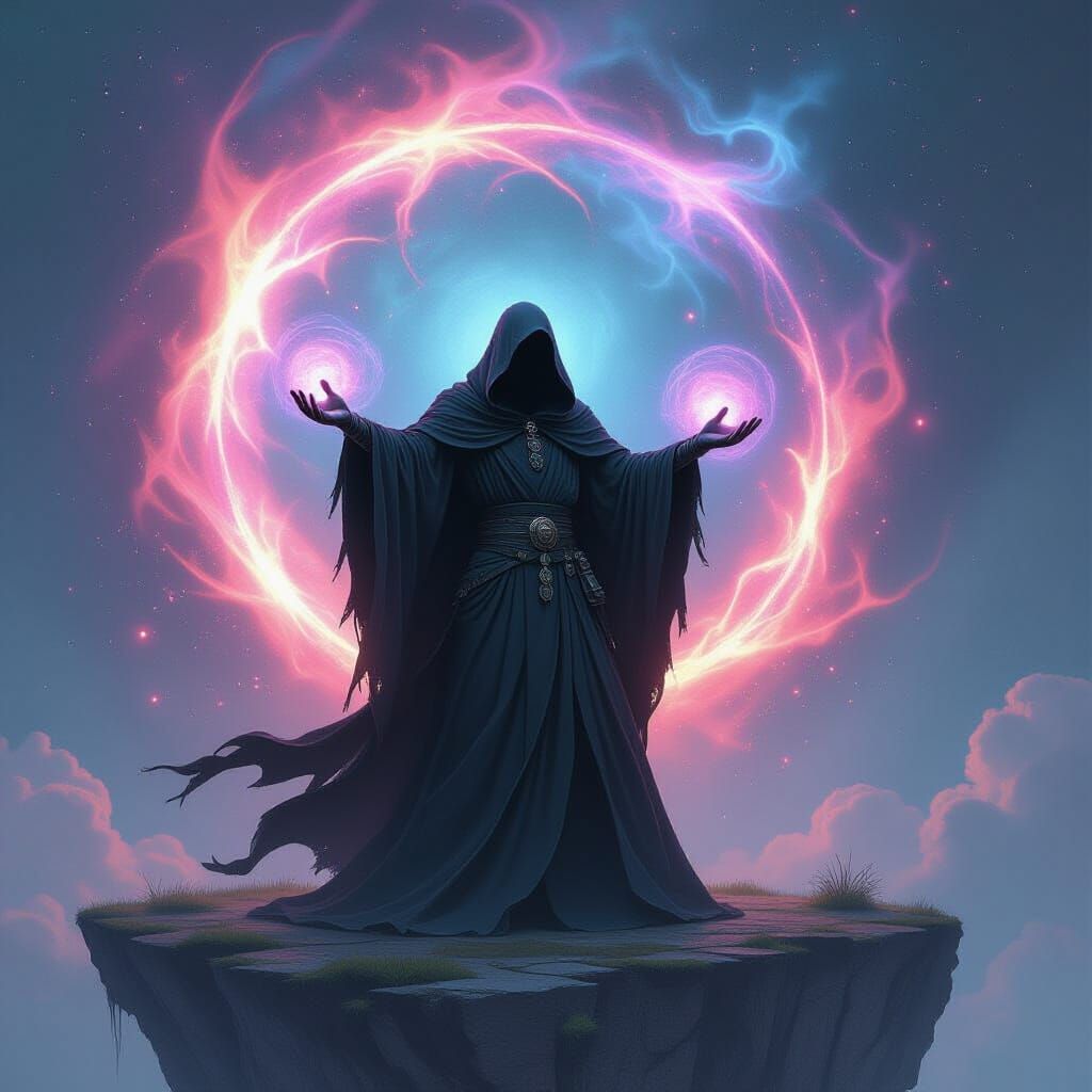 Warlock Conjures Cosmic Vortex on Floating Island