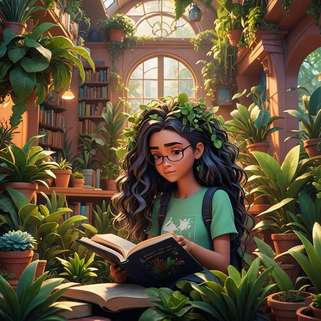 Girl with Plant Hair Reads Book: 3D Digital Art