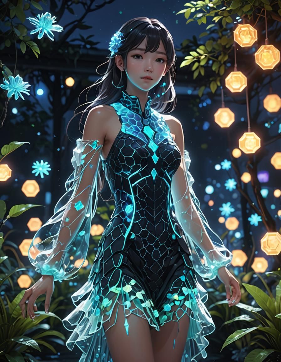 Bioluminescent Neon Figure in 3D Anime Style