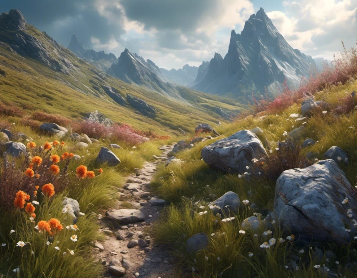 Hyperrealistic Mountain Pass with Wild Track