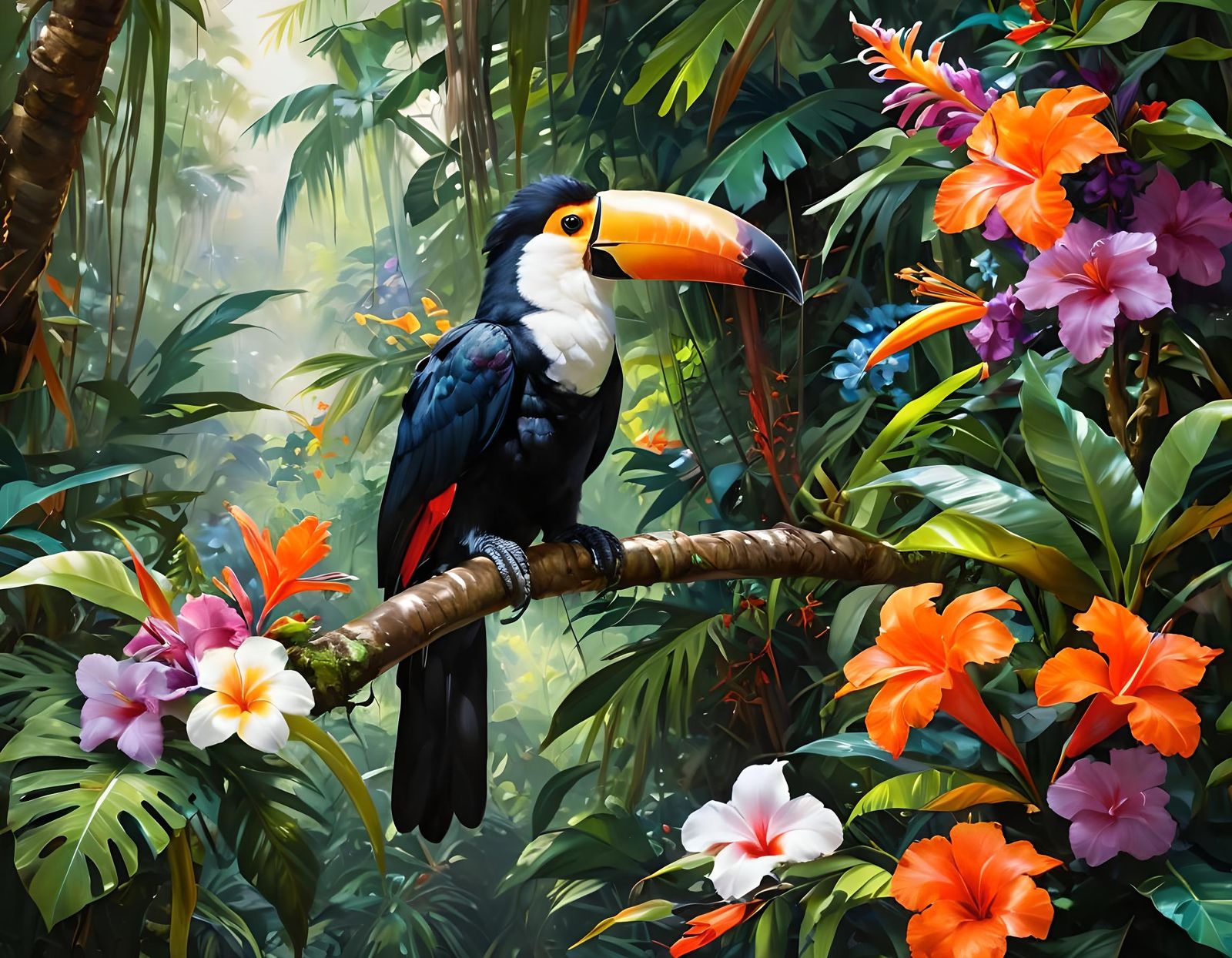 Exotic Toucan in Tropical Forest, Art Nouveau Style