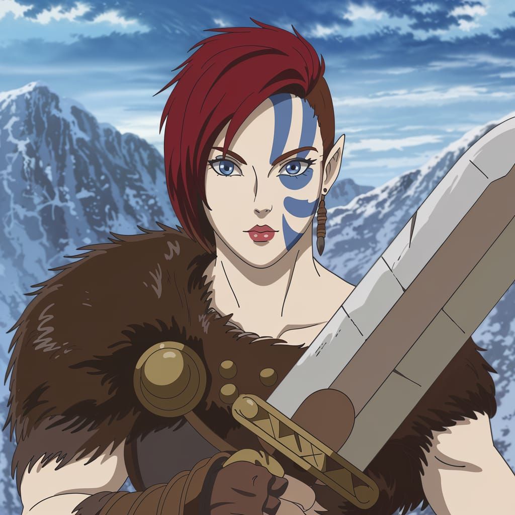 Anime Half-Elf Barbarian with Segmented Sword