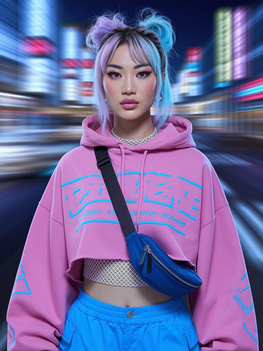 Confident Tokyo Fashionista in Neon Streetwear