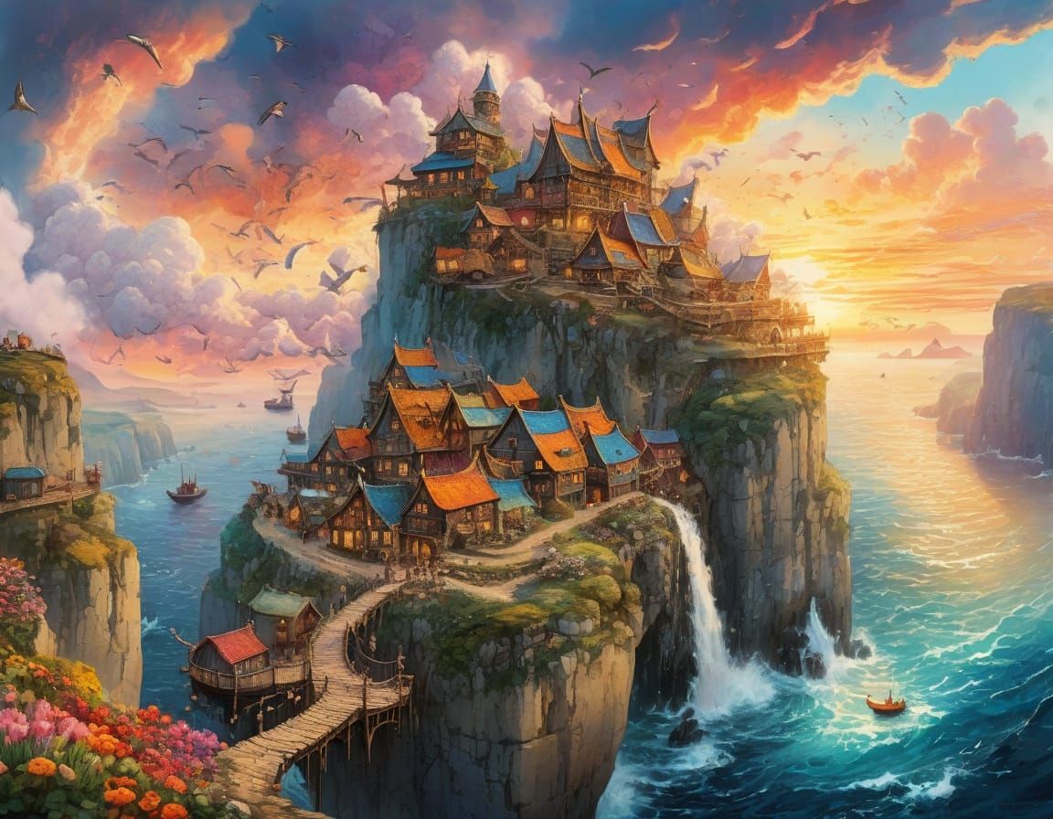 Cascading Viking Village at Sunset: Watercolor Painting