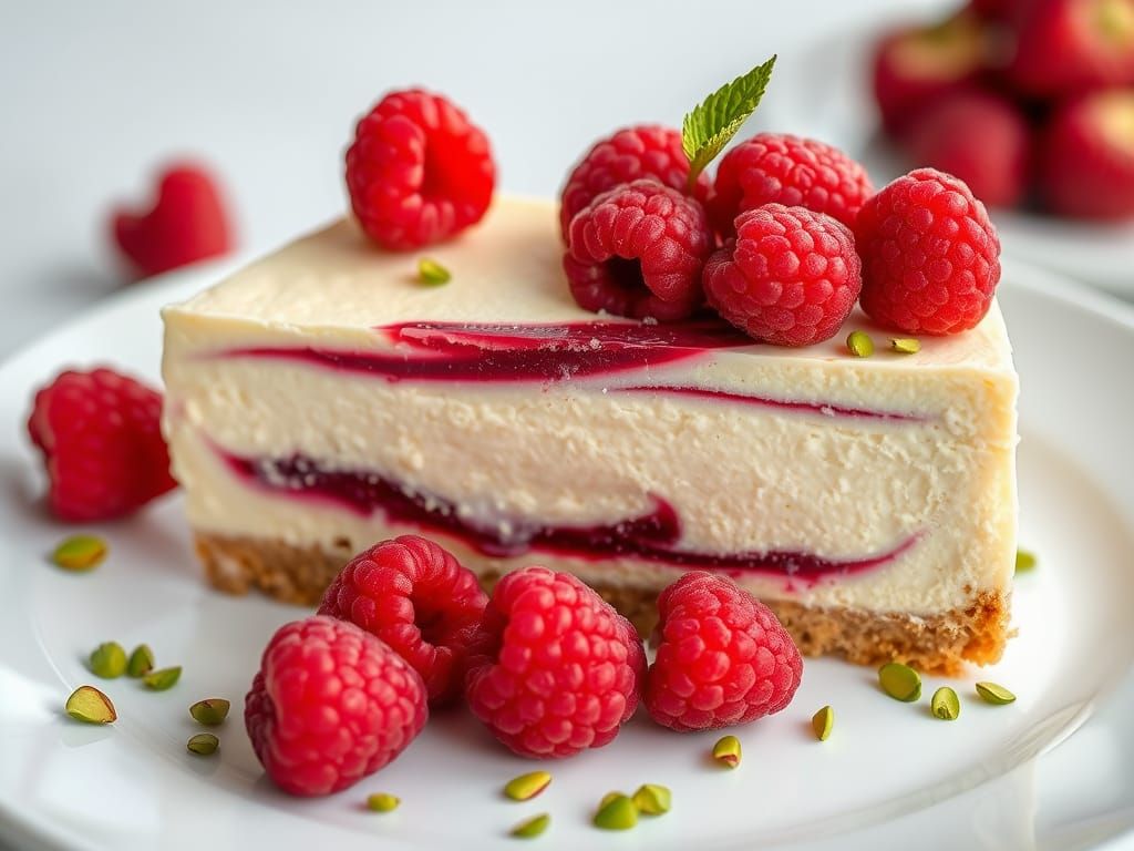 Decadent Cheesecake with Raspberry Swirl and Pistachio Crunc...