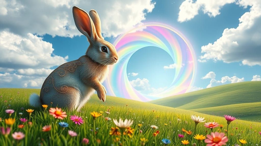 Majestic Fantasy Rabbit Stands at Threshold of Rainbow-Shimm...