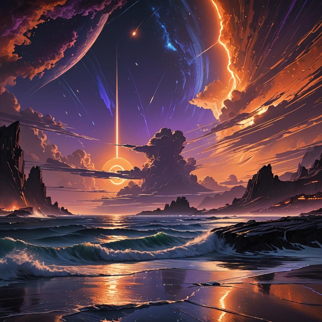 Meteor Shower Over Ocean: Digital Matte Painting