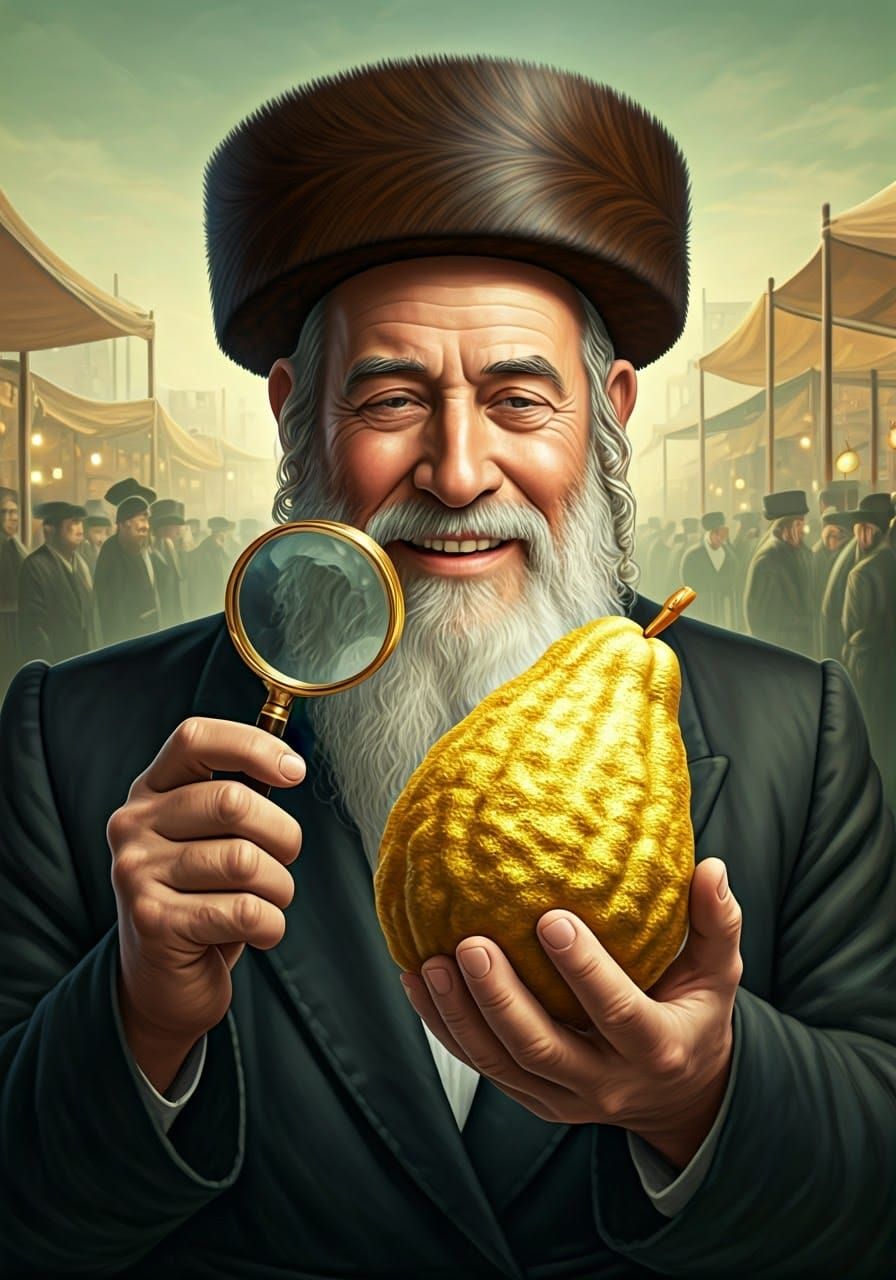 Happy Orthodox Jew Inspecting Golden Etrog