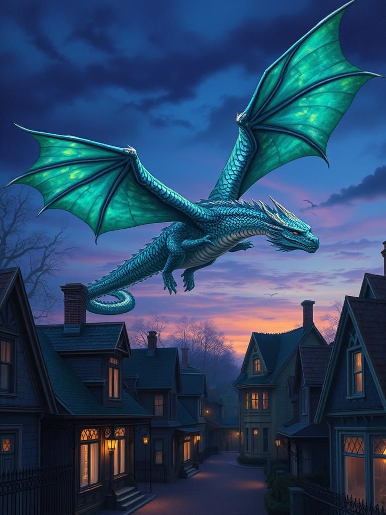 Dragon Soaring Over Victorian Village at Dusk