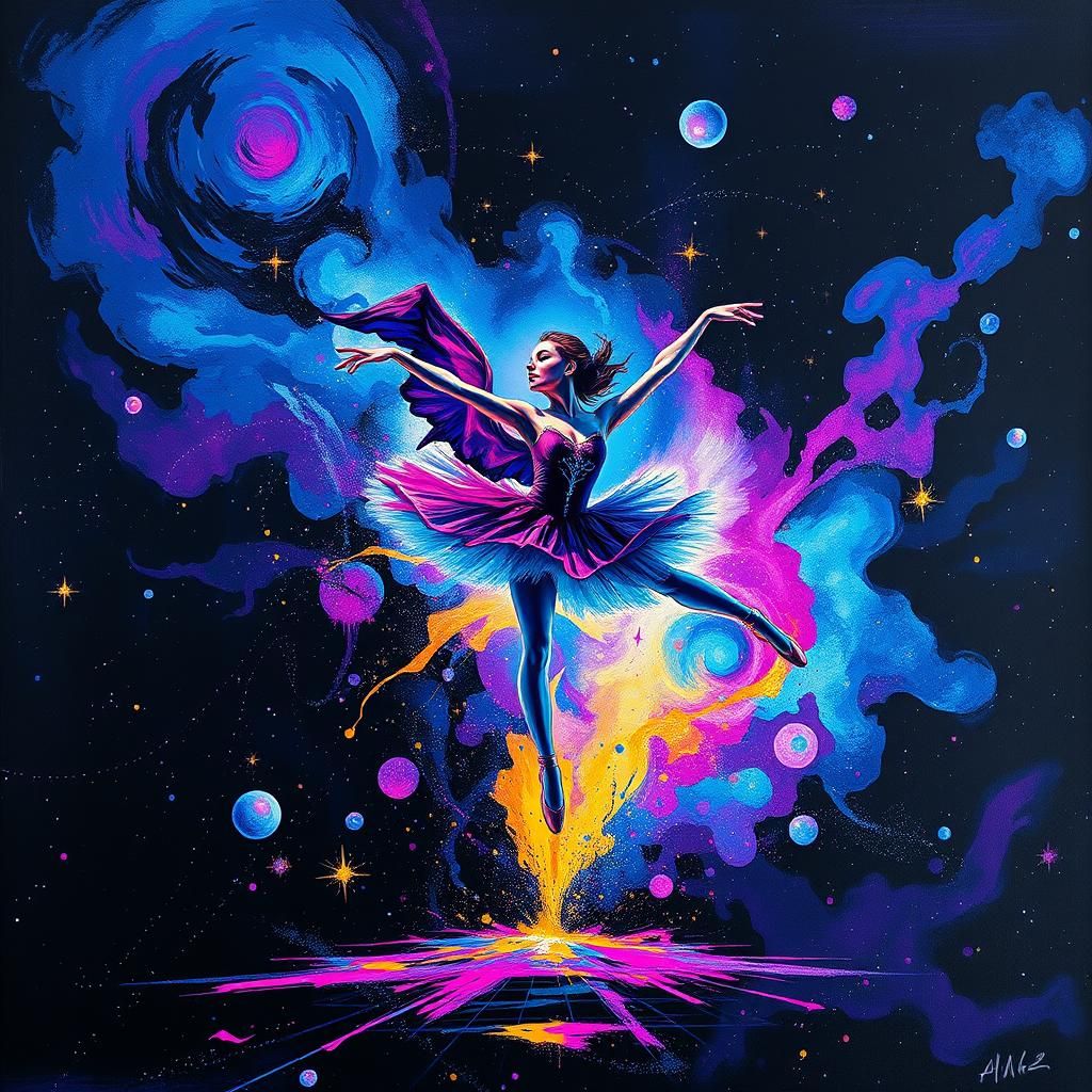 Cosmic Ballerina Dancing Among Stars in Graffiti Art