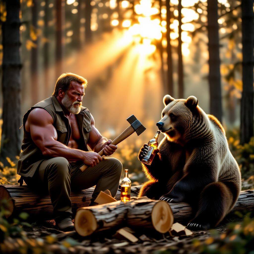 Arnold Schwarzenegger as Drunk Russian Chopping Wood with Be...