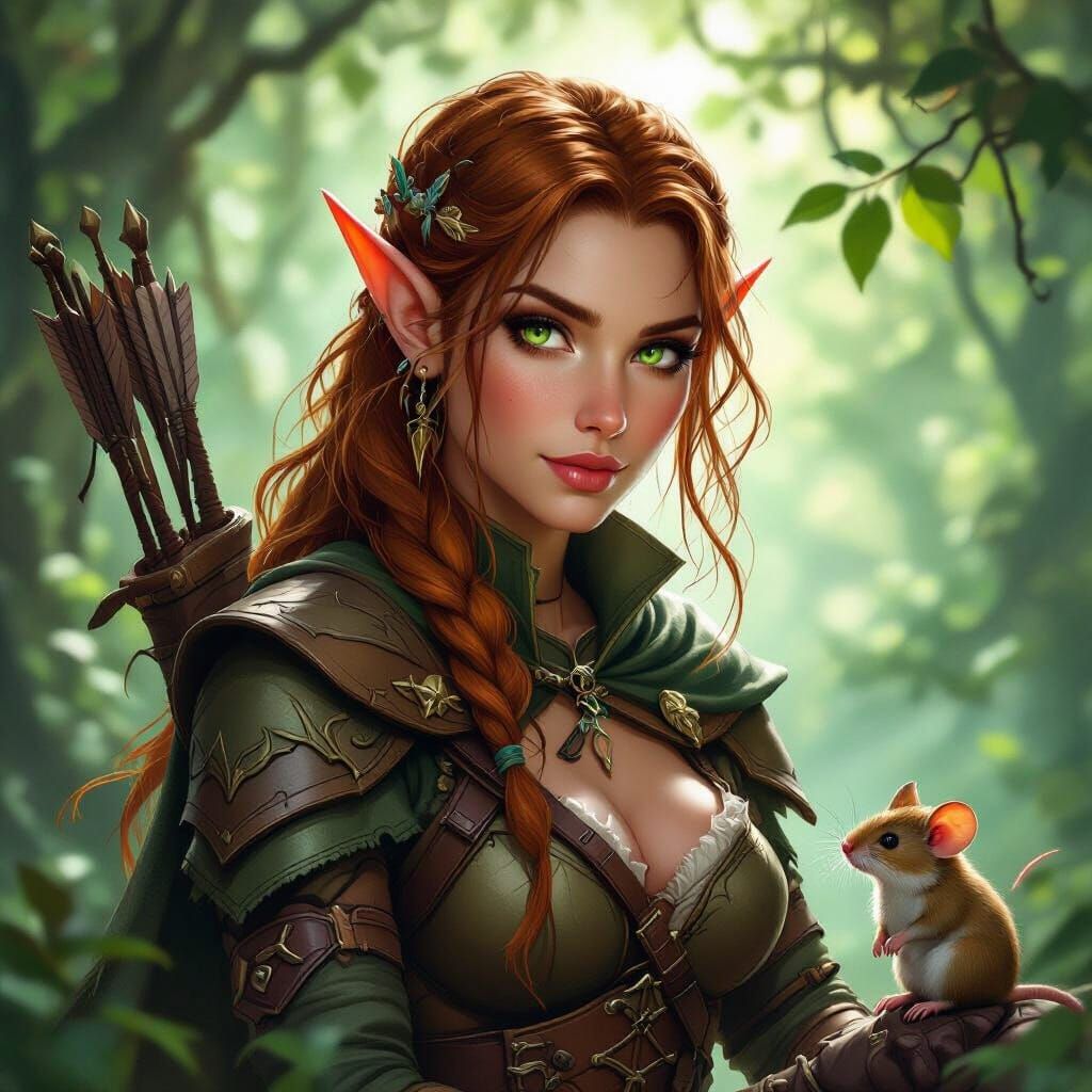 Wood Elf Rogue With Mouse Companion in Enchanted Forest