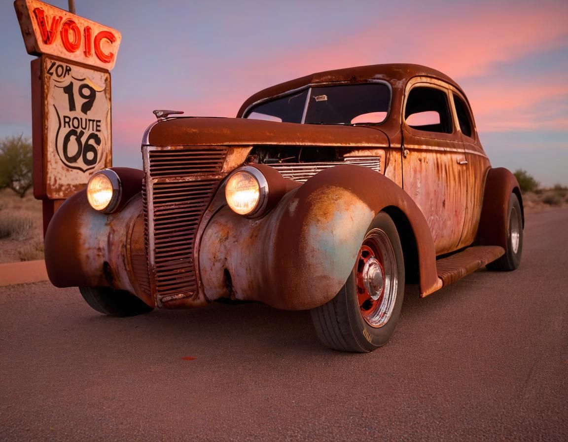 1940s Hotrod on Route 66 at Magic Hour