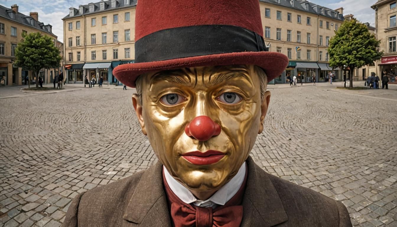 Surreal Clown Portrait in Urban Landscape, Magritte Style
