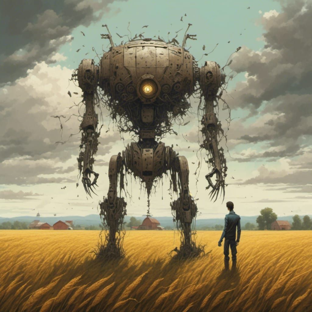 Robot in Field, Vintage Pulp Art Style