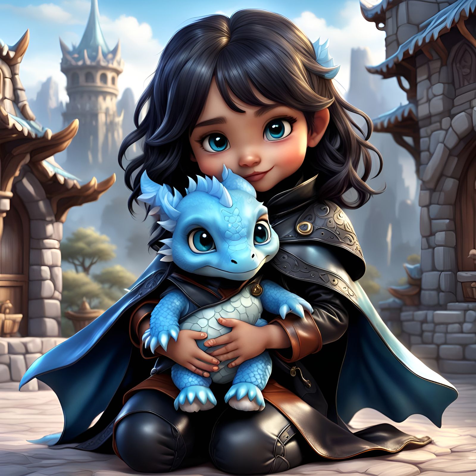 Chibi Girl Hugs Adorable Baby Dragon