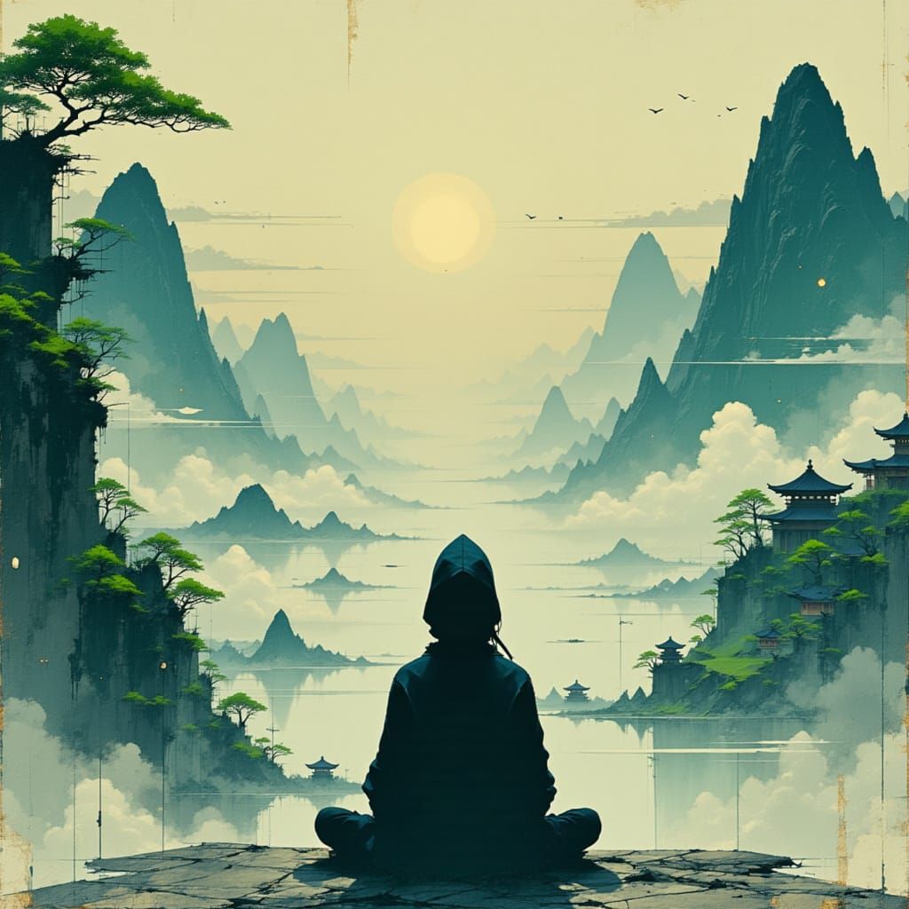 Ninja Gazing at Surreal Landscape as Matte Painting