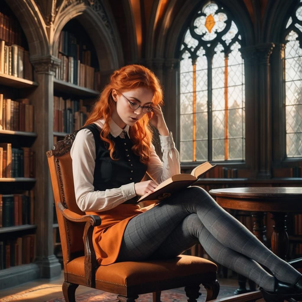 Redhead Reads in Gothic Library: Photorealistic Evening Scen...