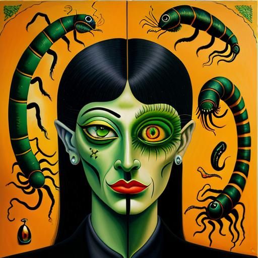 Surreal Portrait of Hideous Woman with Centipede