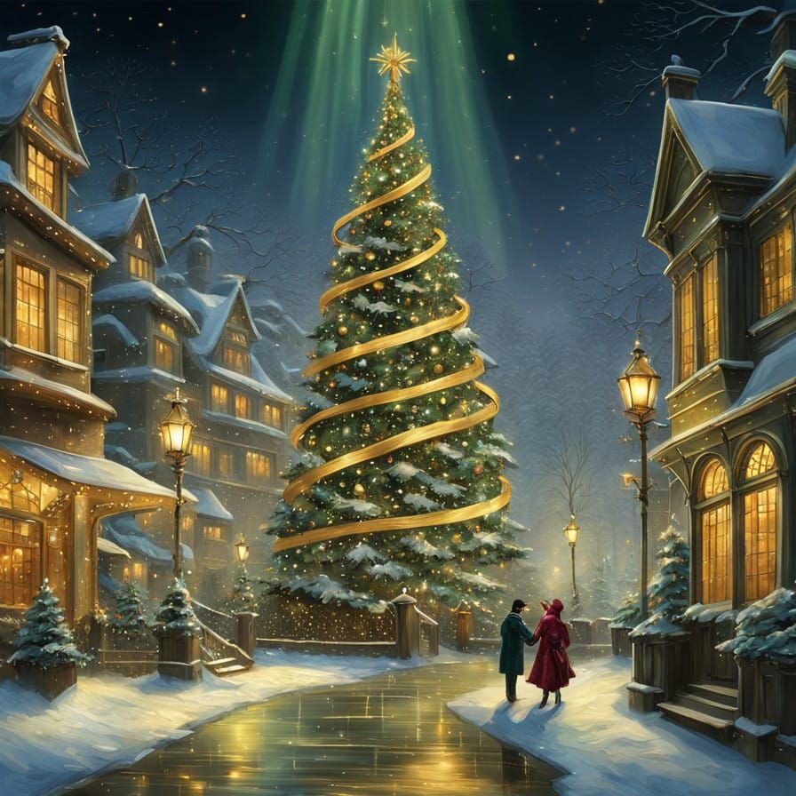 Luxurious Golden Ribbon Christmas Tree in Opulent Holiday St...